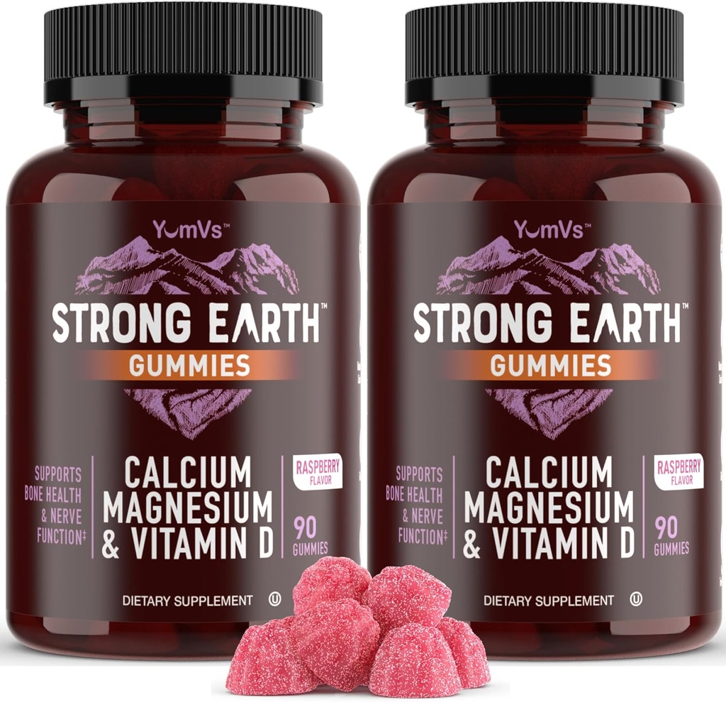 YUM-V'S Strong Earth Calcium, Magnesium, Vitamin D3 Gummies - Vitamin Gummies Calcium Supplement for Strong Bone Health Gummies - Kosher 90 Count (Pack of 2)