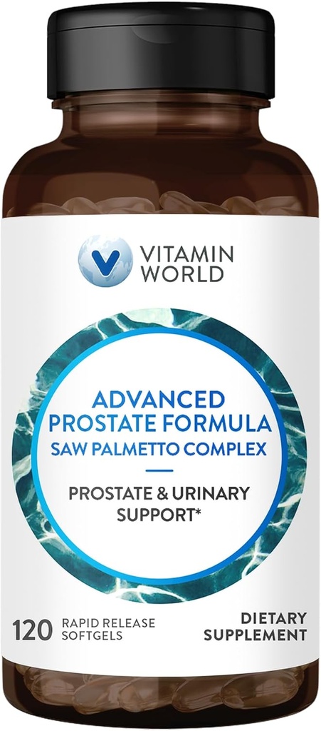 Vitamine World Advanced Prostate Formula Saw Palmetto Complex 120 Softgels, soutient la santé de la prostate, santé urinaire, libération rapide, sans gluten