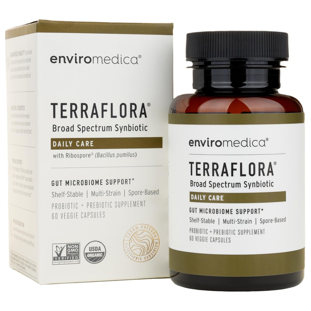 Terraflora Soins quotidiens synbiotique des probiotiques et des prébiotiques pour les femmes et les hommes 60 ct, à base de sol, plateau Stable, allergène Friendly Spore Complement Capsules Promouvoir la santé des Guts par Enviromedica