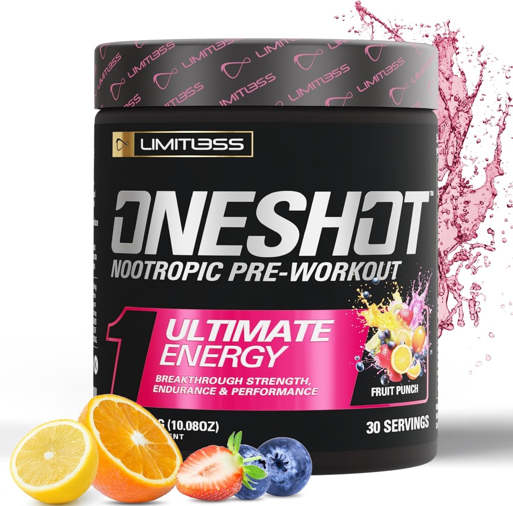 Oneshot Pre Workout Poudre pour hommes et femmes - BCAAS Amino Acides Supplément Poudre, 200mg Caféine, Beta Alanine Poudre, Citrulline Malate Poudre - Fruit Punch - 30 portions