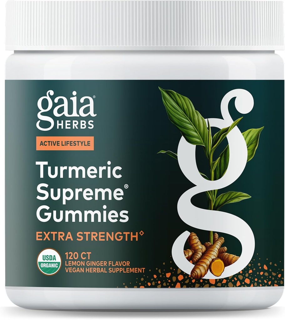 Gaia Herbs Turmeric Supreme Extra Strength Gummies - Soutient le soulagement de l'enflure pour aider à maintenir un mode de vie actif - Lemon Ginger Flavor - 120 Gummes biologiques végétaliens (40 jours d'approvisionnement)