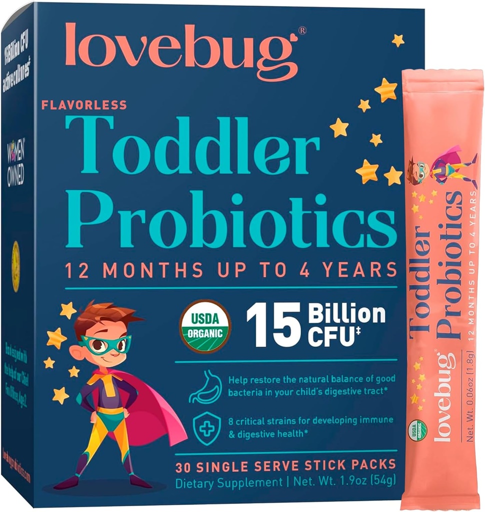 Lovebug Kids Probiotic Powder with Prebiotic Fiber - Soutien immunitaire et soulagement de la constipation pour les tout-petits - Probiotiques biologiques de l'USDA pour la santé gustative et digestive des enfants (Age 1-4) - 30 packs (non aromatisés)
