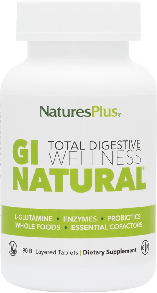 Natures Plus GI Natural Total Digestive Wellness - 90 comprimés bi-layered, pack de 2 - avec L-glutamine, probiotiques, prébiotiques et enzymes - Sans gluten - 60 portions totales