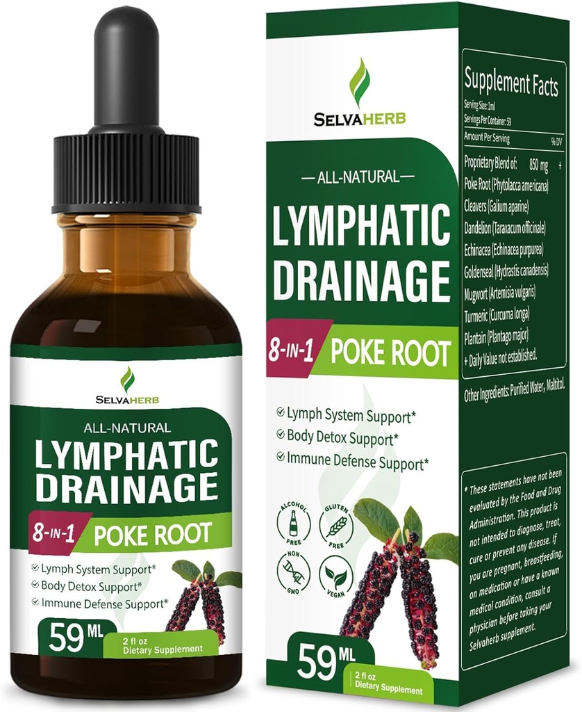 Poke Root Herb Lymphatic Drainage Drops for Lymph System Support, 8-en-1 Optimised Herbal Formula Supplement Tecture for Body Detox & Immune Support w/Cleavers Echinacea Extract. 2oz