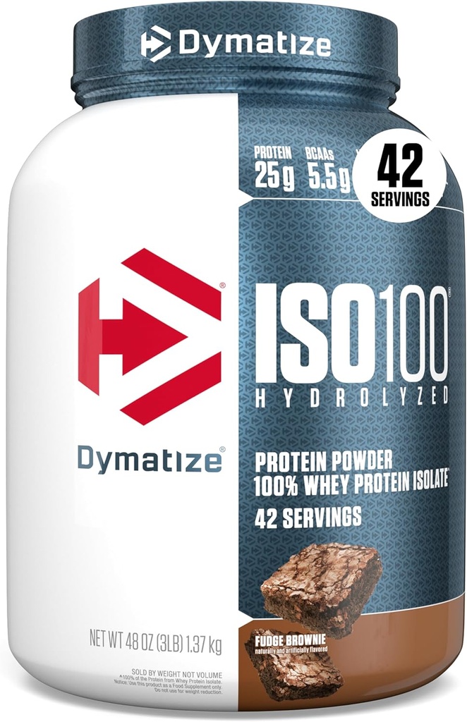 Dymatiser la poudre de protéines de lactosérum ISO100, Fudge Brownie, 25g de protéines, 3 livres, 5,5g BCAA, moins de 120cal, sans gluten, 1g de gras, 1g de sucre, 2g de glucides (42 portions)