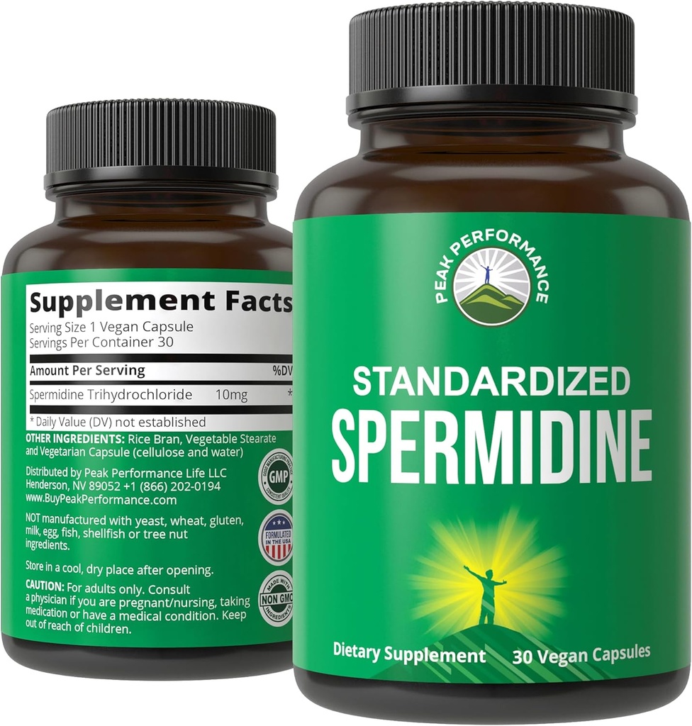 Spermidine Supplement Ultra High Strength Standardized to 99% Spermidine Trihydrochloride. More Potent Than Wheat Germ Extract. Vegan Capsules for Healthy Aging, Longevity. USA Tested Supplements