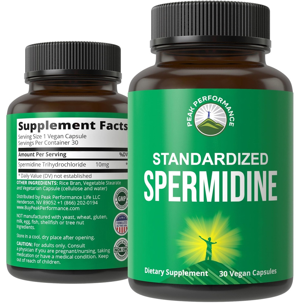 Supplément de spermidine Ultra haute résistance Standardisé à 99 % Trichlorhydrate de spermidine. Plus d'extrait de germe de blé. Capsules végétaliennes pour un vieillissement en santé, Longévité. USA Suppléments testés