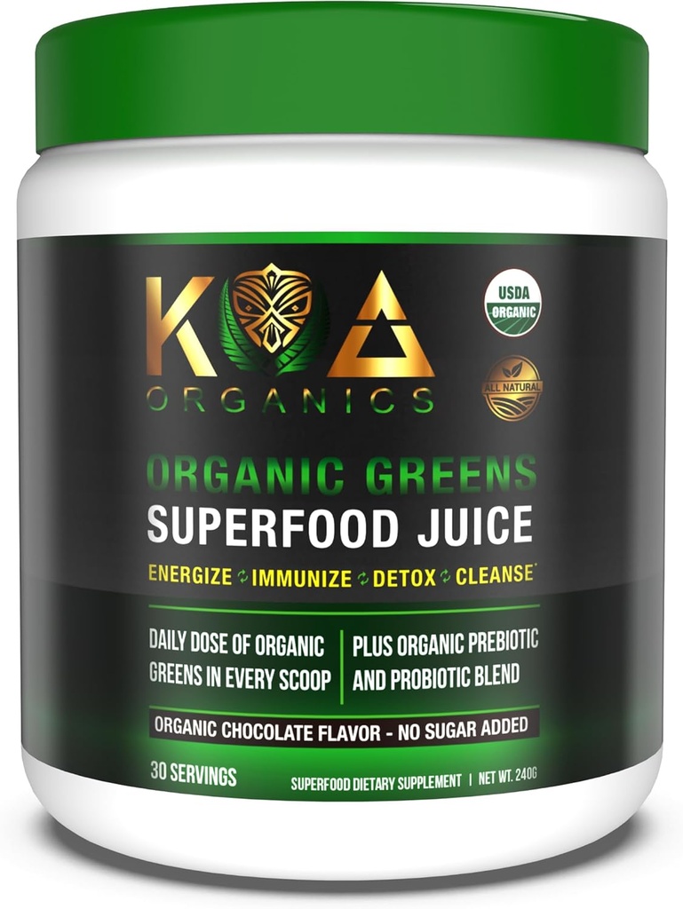 Poudre de Jus Superfood Verts - USDA Bio Super Greens Poudre avec Spiruline, Chlorella, Matcha, Blé Grass, Enzymes et Probiotiques Digestifs - Saveur de chocolat -30 portion