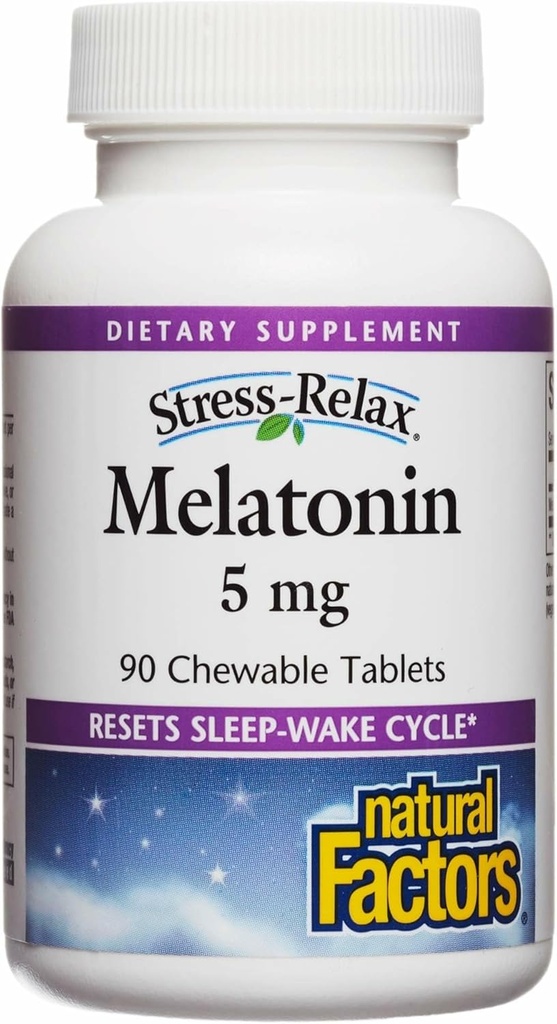 Stress-Relax Melatonin 5 mg by Natural Factors, Natural Sleep Aid, Resets the Sleep-Wake Cycle, 90 chewable tablets (90 servings), Peppermint Flavor