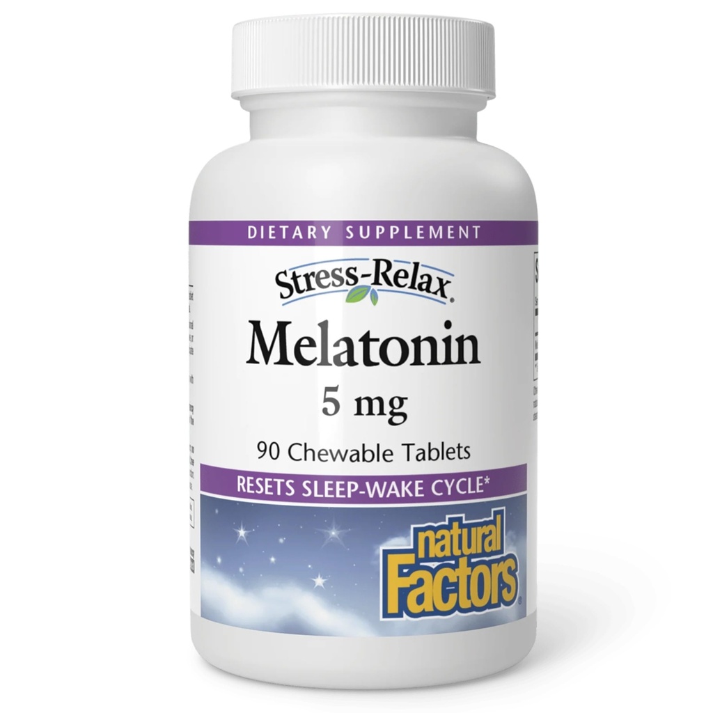 Stress-Relax Melatonine 5 mg par Facteurs Naturels, Aide Naturelle au Sommeil, Réinitialise le Cycle Sleep-Wake, 90 comprimés à croquer (90 portions), Saveur de menthe poivrée
