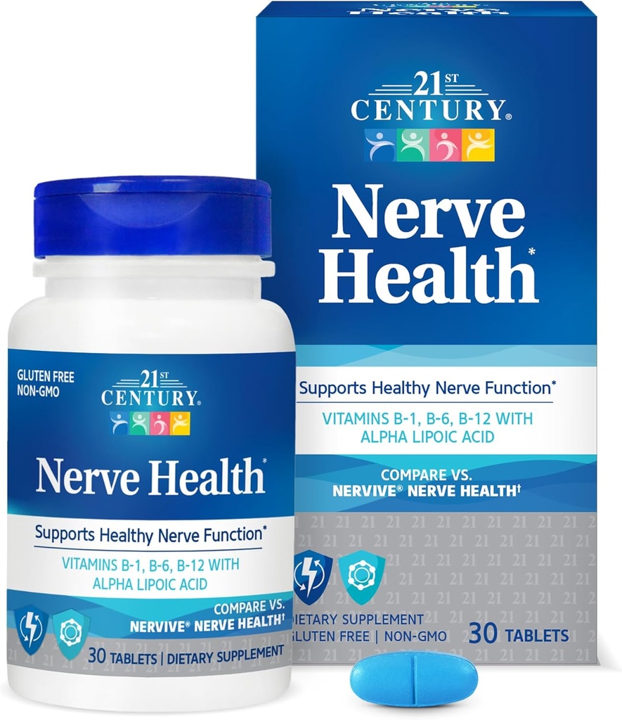 Tablets de santé Nerve du 21ème siècle (30 comtes), acide alpha lipoïque 300mg, B1, B6, et B12 vitamines pour le soutien de la fonction Nerve, supplément ALA antioxydant, sans gluten.