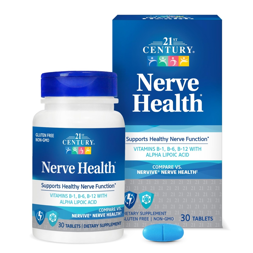 Tablets de santé Nerve du 21ème siècle (30 comtes), acide alpha lipoïque 300mg, B1, B6, et B12 vitamines pour le soutien de la fonction Nerve, supplément ALA antioxydant, sans gluten.