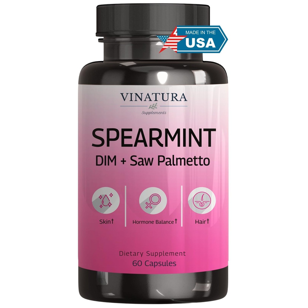 VINATURA Sperarmint Leaf Capsules Supplément - Enhanced with DIM & Saw Palmetto, for Unwanted Hair, Women's Health & Skin *USA Made & Tested* - 1380mg/serviture, 60 capsules (30 portions)