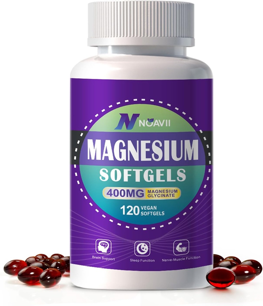 Supplément de magnésium Softgels, Easy Absorption Capsules de gel de magnésium Glycinate 400 mg avec D3 et K2, haute biodisponibilité Magnésium pour le sommeil et le soutien calme, Nerveux, Muscle et Bone Health