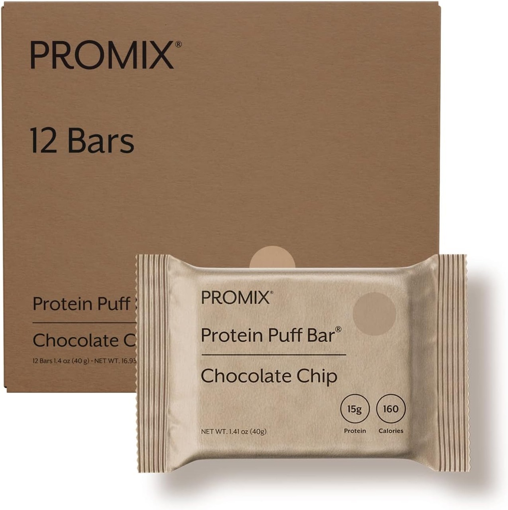 ProMix Nutrition Puff Bars, 12-Pack - Chocolate Chip - Marshmallow Crispy Treat - Great Tasting & Healthy On The Go Snack - High Protein & Low Calorie - Non-OGM et exempt de gluten, de soja et de maïs