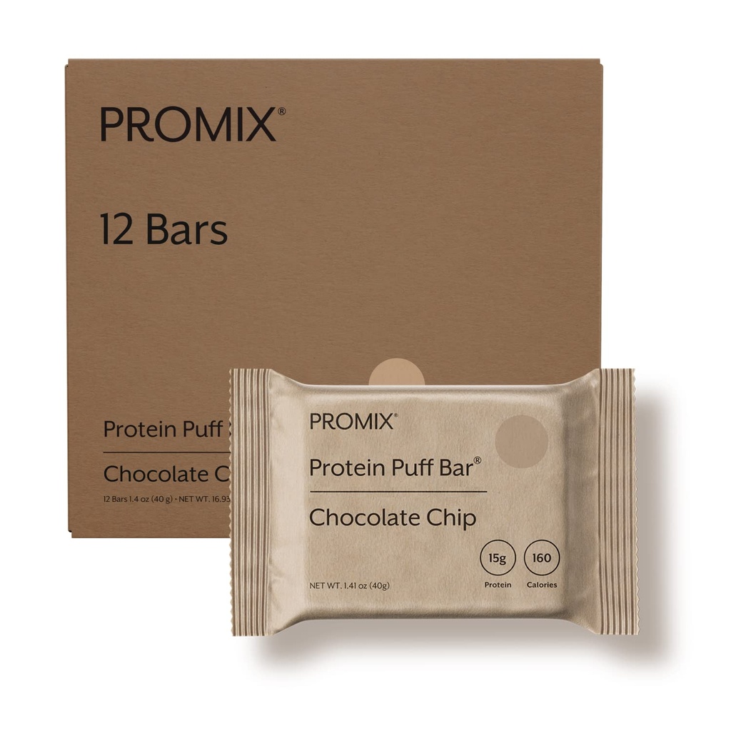 ProMix Nutrition Puff Bars, 12-Pack - Chocolate Chip - Marshmallow Crispy Treat - Great Tasting & Healthy On The Go Snack - High Protein & Low Calorie - Non-OGM et exempt de gluten, de soja et de maïs