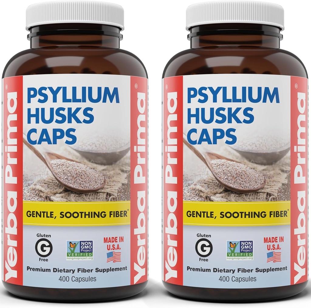 Yerba Prima Psyllium Husks Caps, 625 mg, 400 capsules (paquet de 2) - Fibre naturelle pour hommes et femmes - Supplément de soutien à la régularité