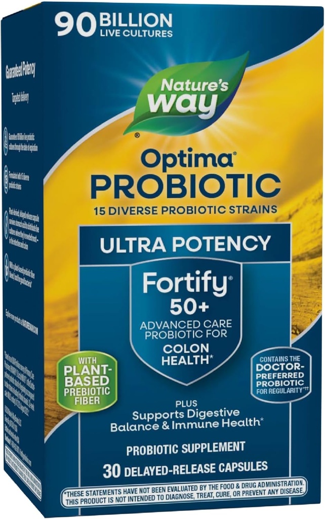 Nature's Way Fortify Optima Probiotic for Adults 50+, 90 Billion Live Cultures, 15 Strains, Colon Health*, Supports Digestive Balance and Immune Health*, 30 Capsules (Packaging May Vary)