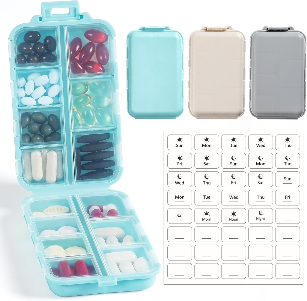 3 Pack, 14 GRIDS Boîte d'organisateur de pilules de voyage avec étiquettes - Trousse de médicaments de voyage - Pocket Daily Pharmacie Conteneur - Distributeur de médicaments de voyage pour l'huile de poisson