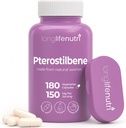 Supplément de Pterostilbène 150mg, Élevée Énergie Cellulaire, 180 Capsules Vegan, 3 mois d'approvisionnement, Extrait de Pterostilbène biologique pur, Fabriqué aux États-Unis, Non OGM, Label propre, Easy Swallow Antioxydant Support