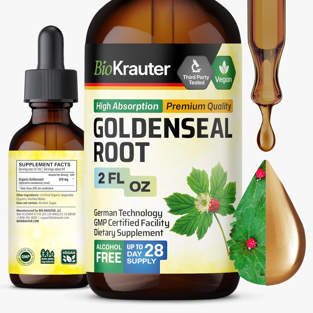 BIO KRAUTER Extrait de racine de seau d'or liquide - Vegan Respiratory Support - Gouttes de phoque d'or - Sans alcool et sans sucre - 2 Fl.Oz.