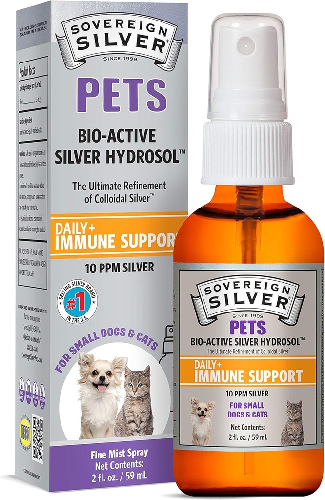 Sovereign Silver Pets Immune Support, Colloïdal Silver, Bio-Active Silver Hydrosol, pour chiens et chats, 10 ppm, Fine Mist Spray, 2 Fl Oz