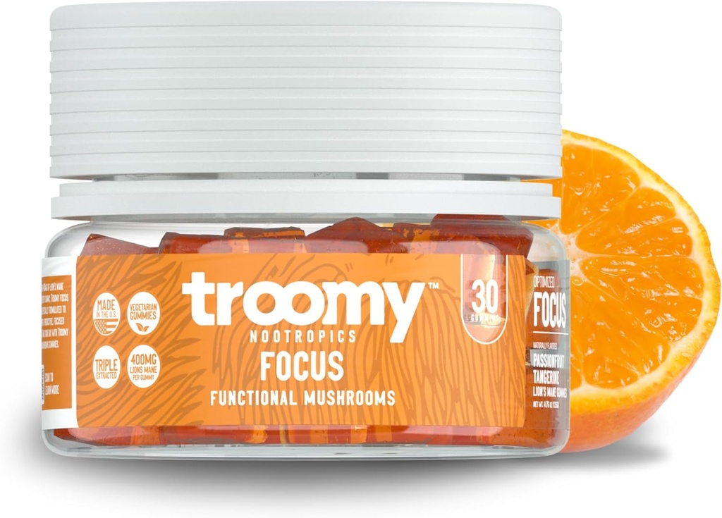 Troomy Lion's Mane Focus Gummies 30 Comte - Natural Tangerine and Passionfruit Flavor, sans gélatine, sans gluten, végétarien