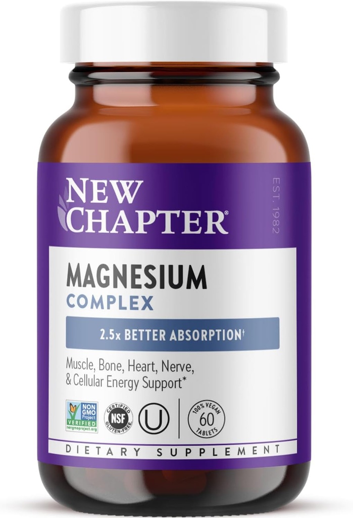 Nouveau chapitre Supplément complexe de magnésium, 325mg avec glycinate de magnésium + forme de mer + forme fermentée pour le coeur, os, nerf, musculaire et l'énergie cellulaire, 100% végétalien, 60 comprimés