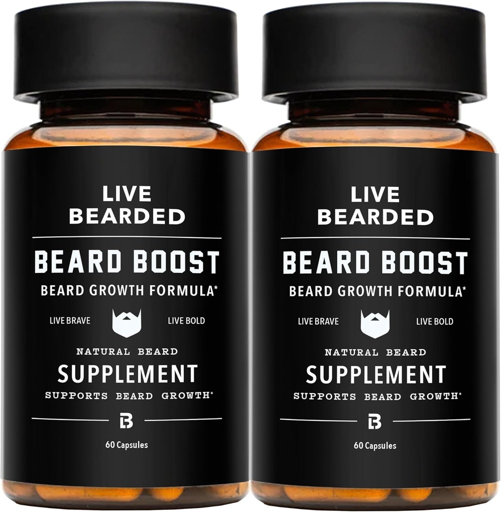 Live Bearded Beard Boost - Beard Growth Vitamins for Men with Biotin, Collagen, Silica, Fo-Ti Root - Facial Hair Growth for Men, Made in The USA | 60-Day Supply
