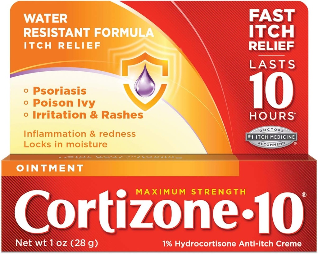 Cortizone 10 Onguent de résistance maximale 1 oz, 1 % Onguent hydrocortisone pour le soulagement des démangeaisons - Emballage Mai Varier