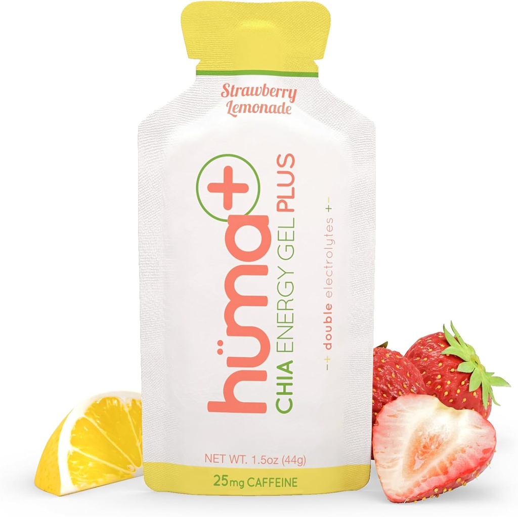 Huma Plus (Double Electrolytes) - Gel Chia Energy, Lémonade aux fraises, 12 Gels, 25mg Caféine - Stomach Friendly, Gels d'énergie alimentaire réelle