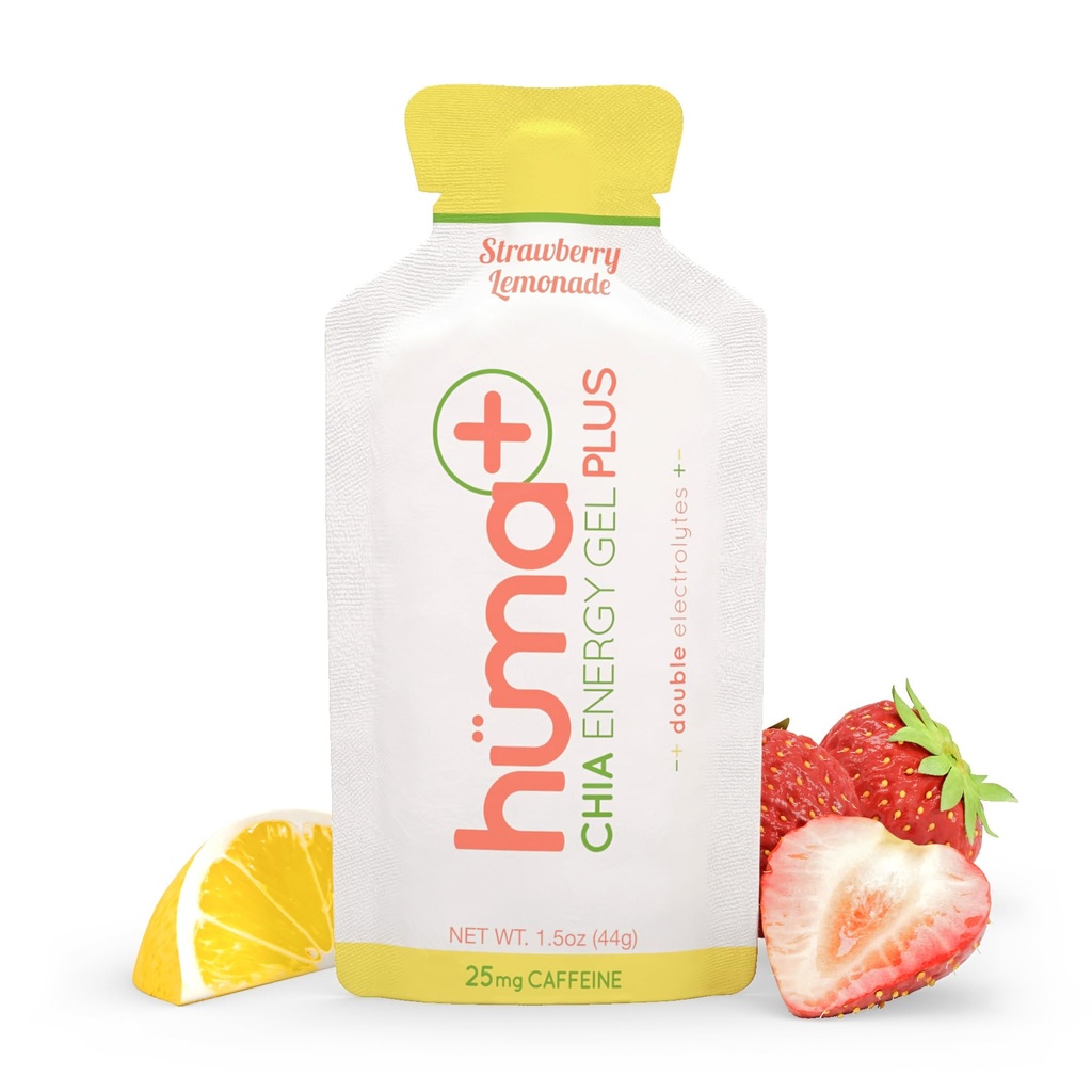 Huma Plus (Double Electrolytes) - Gel Chia Energy, Lémonade aux fraises, 12 Gels, 25mg Caféine - Stomach Friendly, Gels d'énergie alimentaire réelle