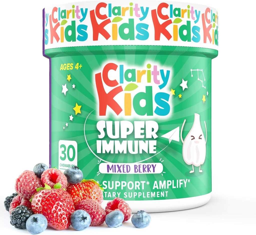 Clarity Kids Super Immmune Support de l'extrait de mûrier, de la vitamine C, des probiotiques et du zinc pour les enfants