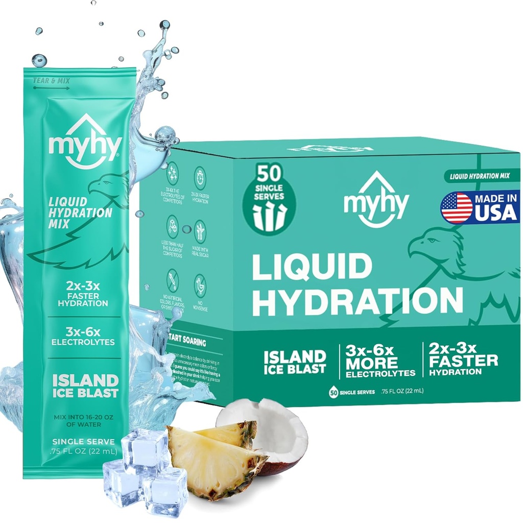 MyHy Packets d'hydratation liquide, Mélange de boissons électrolytiques pour adultes et enfants Soutien à l'hydratation, soulagement de la déshydratation pour les voyages, grossesse, conditionnement physique, baccalauréat et Bachelorette Party – Island Ice, 50 Comte