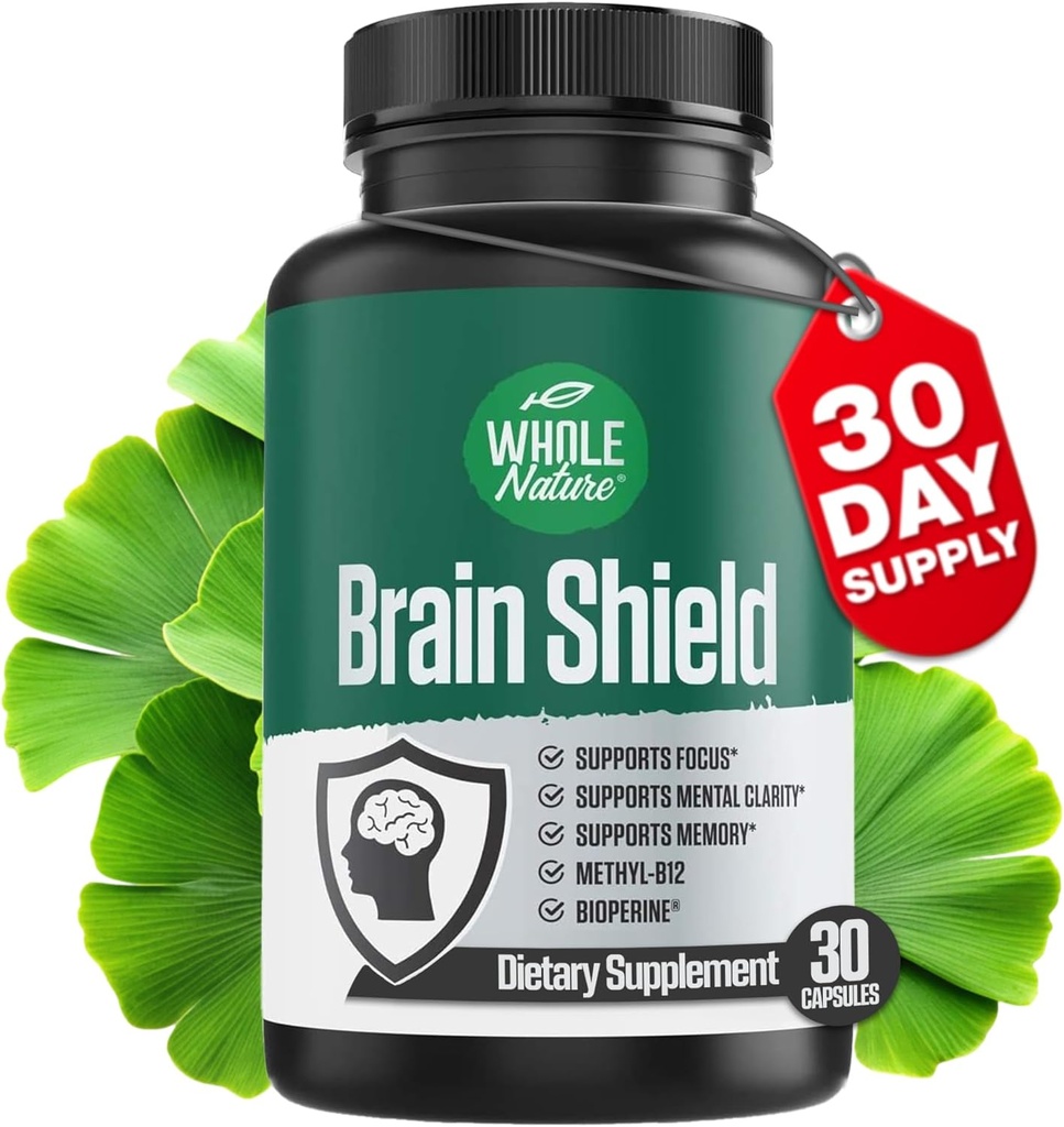 Booster Cerveau Nootropics - Bouclier Cerveau avec Ginkgo Biloba, Alpha GPC et Bacopa Monnieri, Vitamine B12, B3 - Soutien Focus, Mémoire & Clarté, Energie & Stress Relief. (1)