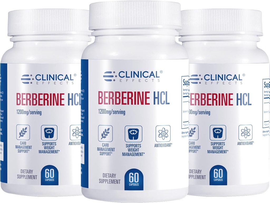 Effets cliniques Berberine HCL - Pure Berberine 1200mg - Soutien du foie - Supplément végétalien - 3 Pack - Fabriqué aux États-Unis