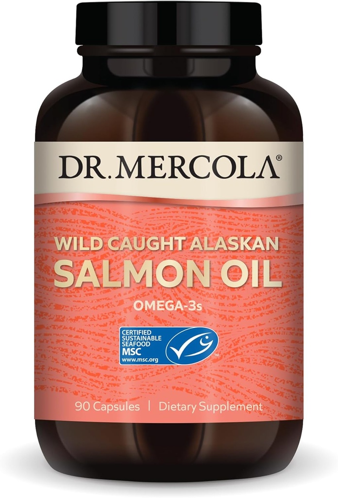 Dr Mercola Wild Caught Alaskan Salmon Oil, 30 portions (90 capsules), Oméga-3s, supplément alimentaire, soutient le cerveau sain et la fonction cognitive, non-OGM, certifié MSC