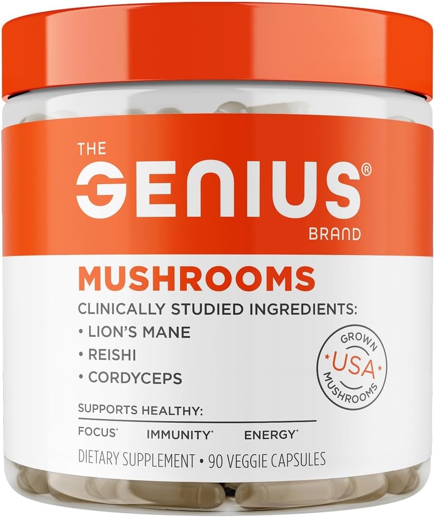 La marque Genius Champignons Genius - Supplément à base de plantes pour Imune, Focus & Energy Support - Lion's Mane, Cordyceps & Reishi - Organic & Non-OGM - 90 Capsules de Veggie