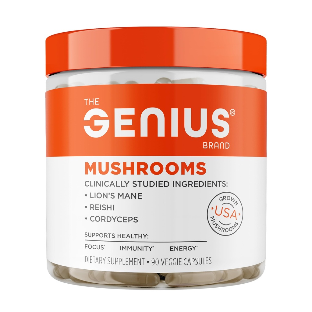 La marque Genius Champignons Genius - Supplément à base de plantes pour Imune, Focus & Energy Support - Lion's Mane, Cordyceps & Reishi - Organic & Non-OGM - 90 Capsules de Veggie