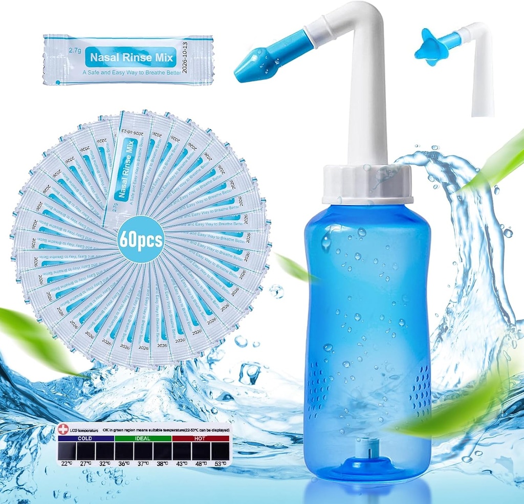 Neti Pot Sinus Rinse Bottle Nose Wash Cleaner Pressure Rinse Nasal Irrigation with 60 Nasal Wash Saline Packets & 300 ML Neti Bottle Refill Kit Idea and Sticker Thermometer for Adult & Kid (Blue)