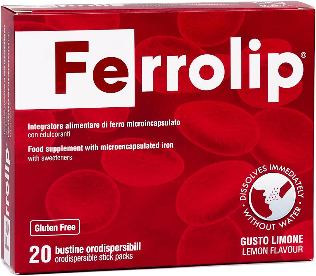 Supplément Ferrolip en fer pour femmes, hommes et enfants (20 sachets solubles au citron) - Confort gastro-intestinal et sans goût métallique - Sans végan et sans gluten