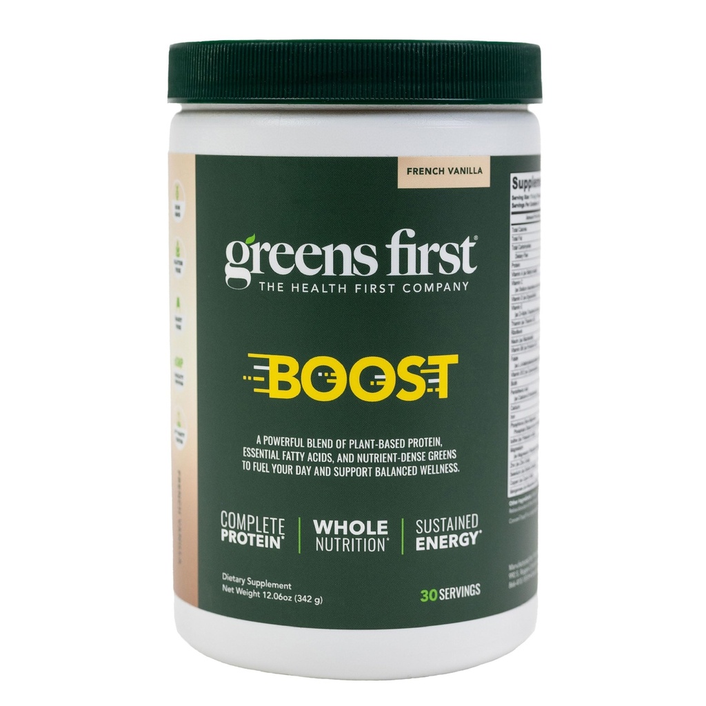 Greens First Boost - Protéines végétales et nutrition équilibrée - Superfood Shake Mix - Pas de blé ou de soja - Sans lait - Vegan - Vanille française, 12,06 oz.