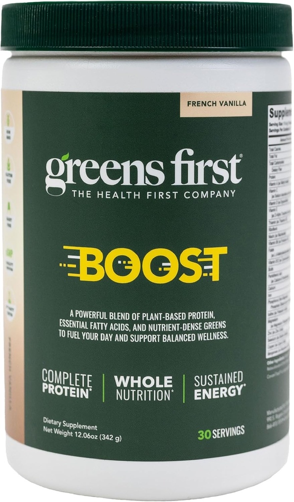 Greens First Boost - Protéines végétales et nutrition équilibrée - Superfood Shake Mix - Pas de blé ou de soja - Sans lait - Vegan - Vanille française, 12,06 oz.