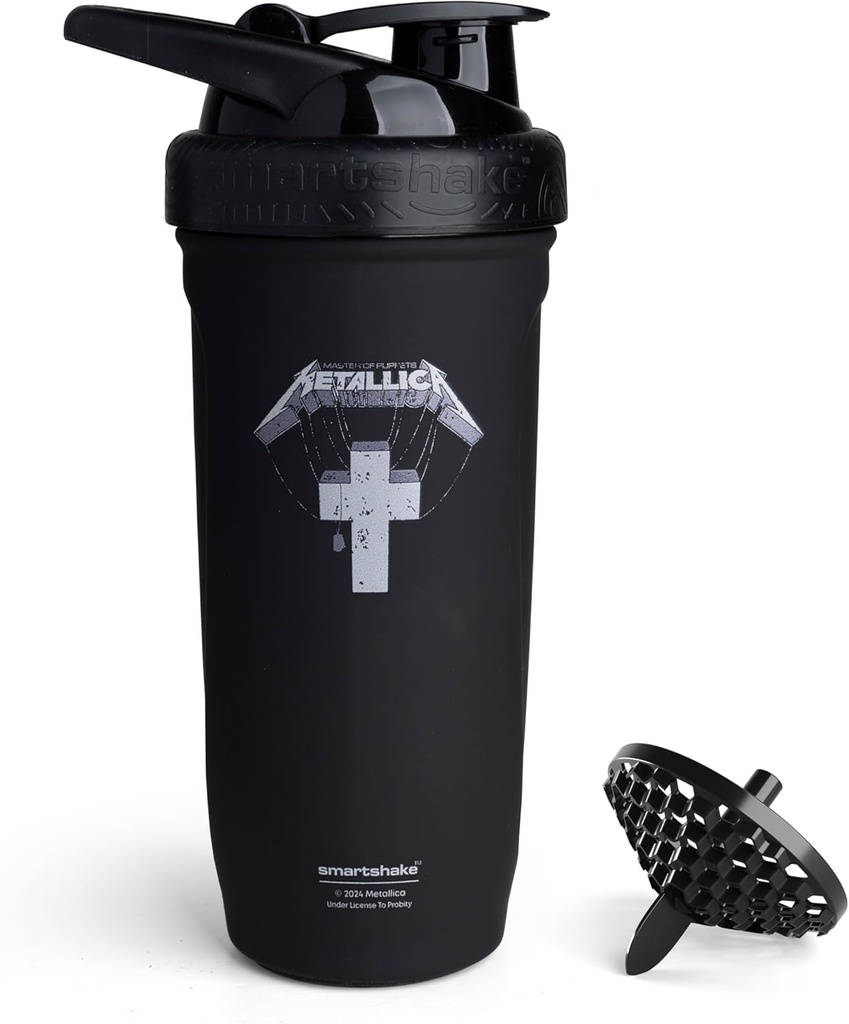 Smartshake Rockband Reforce en acier inoxydable Protein Shaker Bouteille 900 ml de 30 oz - Vis antidérapant - BPA Free – Unisexe - Metallica, Master of Puppets Logo sur la bouteille