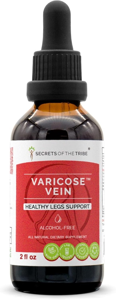 Secrets de la Tribe Varicose Vein Alcohol-Free, Glycerite Butcher's Broom, Horse Chestnut, Bilberry, Cayenne, Gotu Kola, Grape. Teinture, extrait de plantes jambes saines soutenir 2 OZ