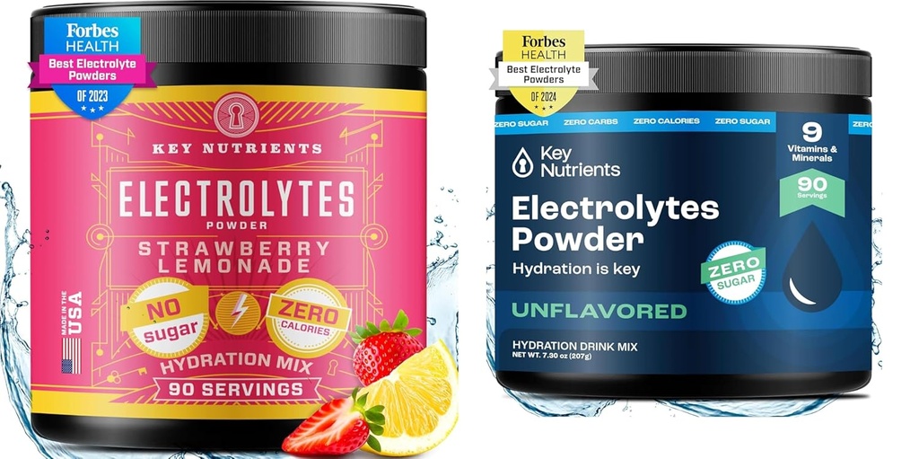 CLÉS NUTRIENTS Mélange de poudre d'électrolytes – Lémonade de fraises juteuses et poudres d'électrolytes non aromatisées (90 portions chacune) – Poudre d'hydratation sans sucre et avec amis pour l'énergie, la récupération et l'endurance