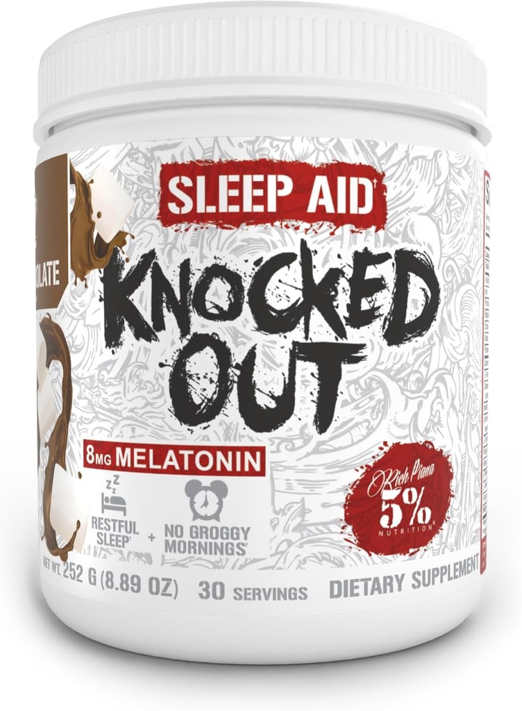 5% Nutrition Rich Piana Knocked Out Natural Sleep Aid | Post-Workout Recovery & Deep Sleep Supplement | GABA, Melatonin, Chamomile, Tyrosine, 5-HTP, & More | 8.4 oz, 30 Servings (Hot Chocolate)