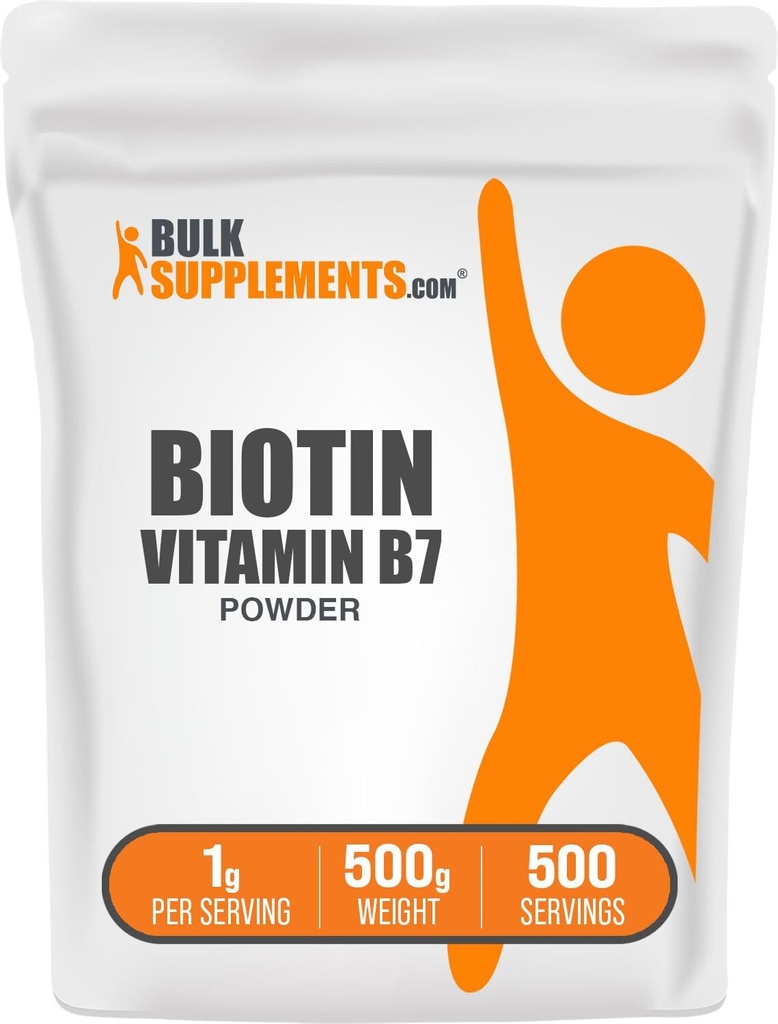 BulkSupplements.com Biotin 10000mcg Poudre - Vitamine B7, Vitamines pour cheveux, peau et ongles - Sans gluten, 1g par portion (10mg Biotin), 500g (1,1 lb) (paquet de 1)