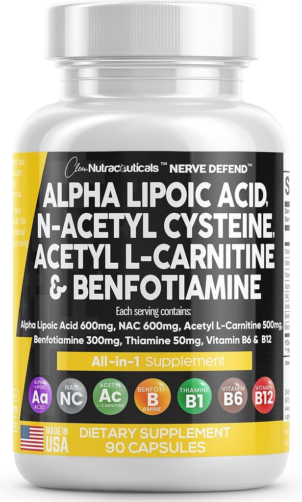 Acide alpha lipoïque 600mg N-acétyl Cysteine 600mg acétyl L-Carnitine 500mg Benfotiamine 300mg - Supplément de soutien Nerve pour les femmes et les hommes avec la vitamine B1 B6 & B12 - Fabriqué aux États-Unis 90 capsules