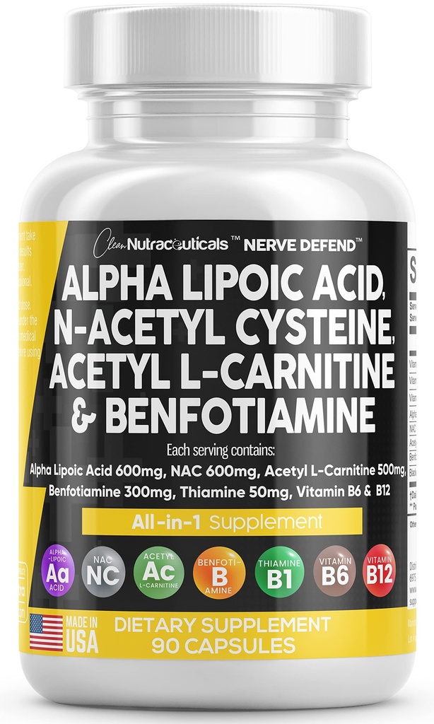 Alpha Acide lipoïque 600mg N-acétyl Cysteine 600mg acétyl L-Carnitine 500mg Benfotiamine 300mg - Supplément de soutien Nerve pour les femmes et les hommes avec la vitamine B1 B6 & B12 - Fabriqué aux États-Unis 90 capsules